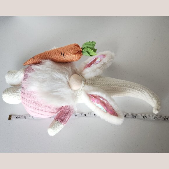 EASTER GNOME in Pink Wearing Bunny Ears and Holding Large Carrot Plush Stuffed - Picture 4 of 6